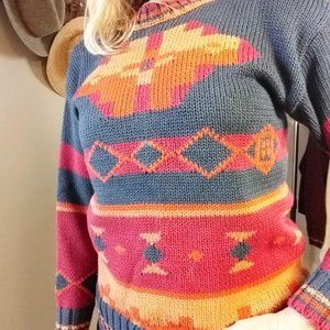 Vintage Sweater Tunic Aztec Graphic Print Coral